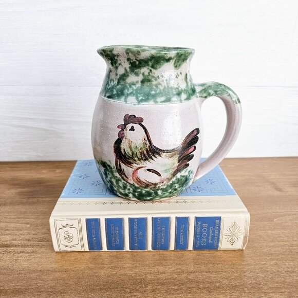 Studio Art Pottery Ceramic Green & Gray Chicken Rooster Jug Pitcher with Handle - Picture 2 of 10